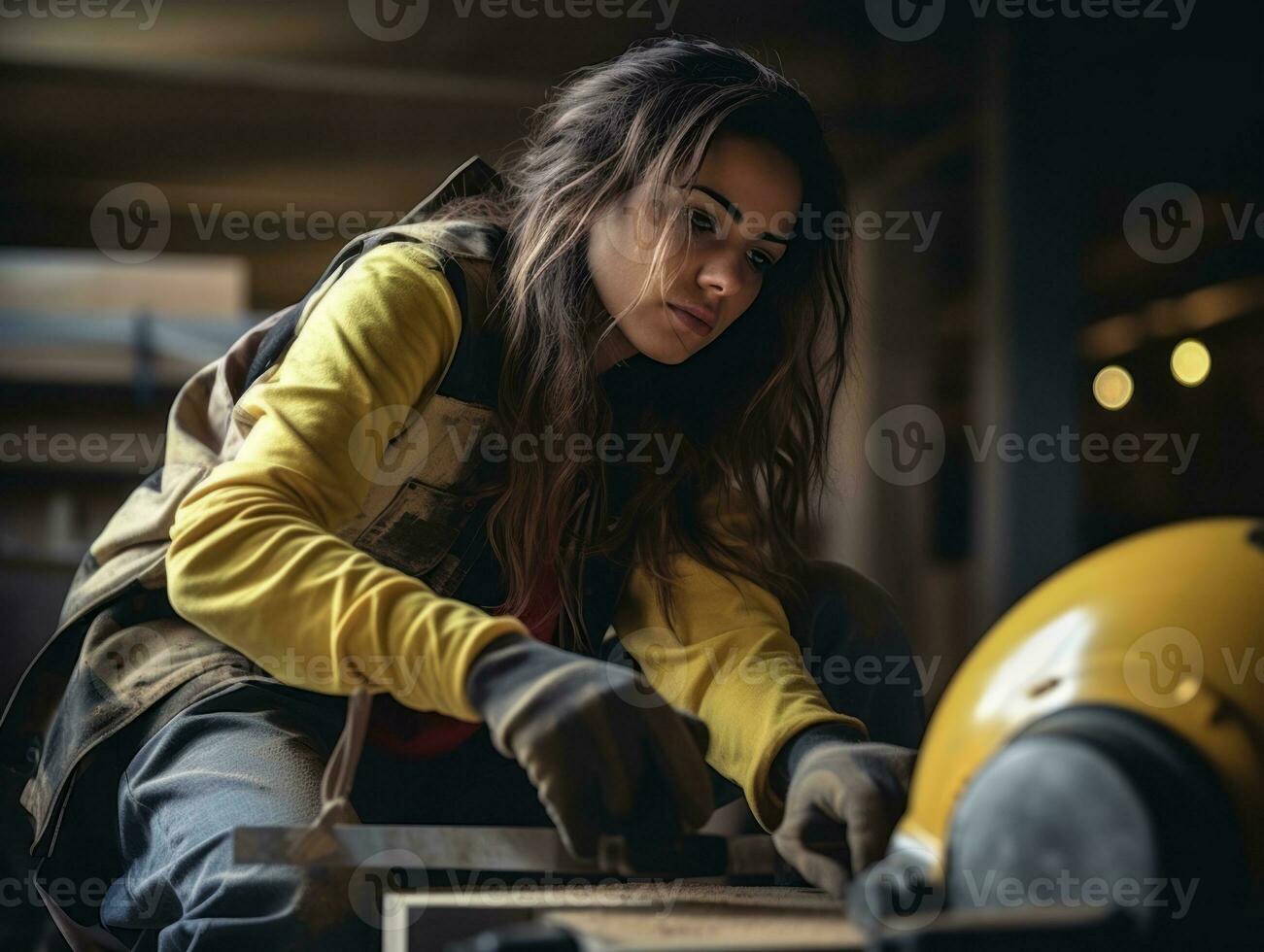 foto tiro di un' naturale donna Lavorando come un' costruzione lavoratore ai generativo