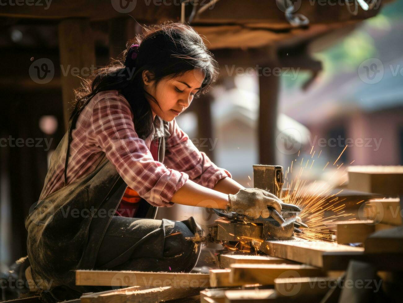 foto tiro di un' naturale donna Lavorando come un' costruzione lavoratore ai generativo