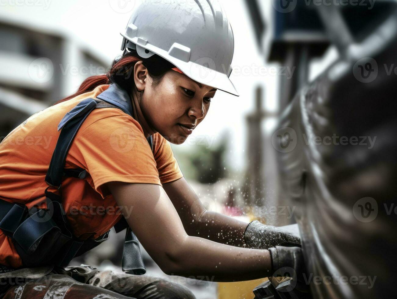 foto tiro di un' naturale donna Lavorando come un' costruzione lavoratore ai generativo