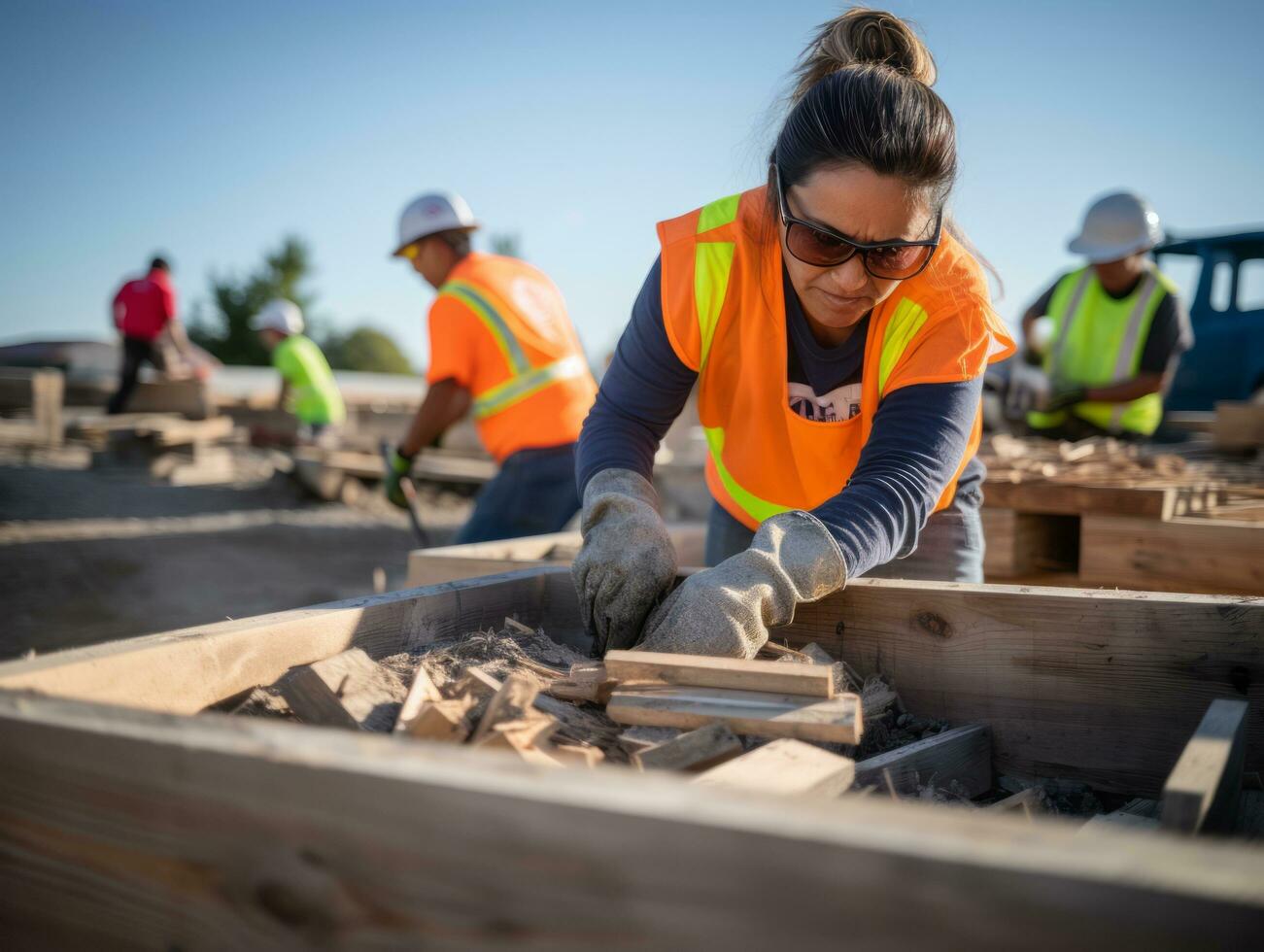 foto tiro di un' naturale donna Lavorando come un' costruzione lavoratore ai generativo