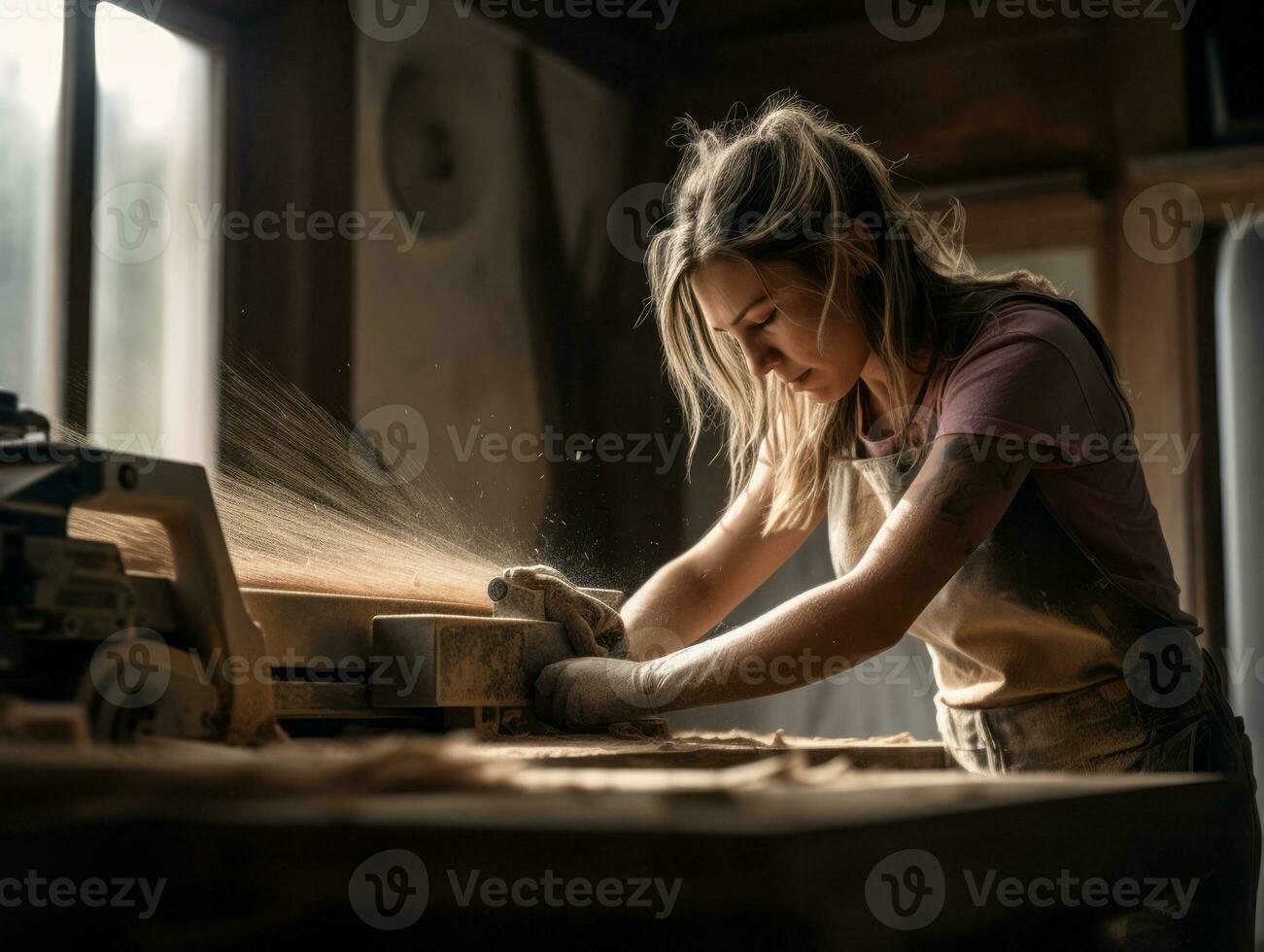 foto tiro di un' naturale donna Lavorando come un' costruzione lavoratore ai generativo