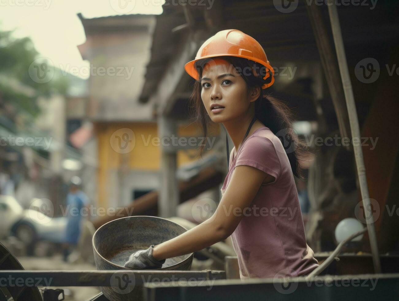 foto tiro di un' naturale donna Lavorando come un' costruzione lavoratore ai generativo