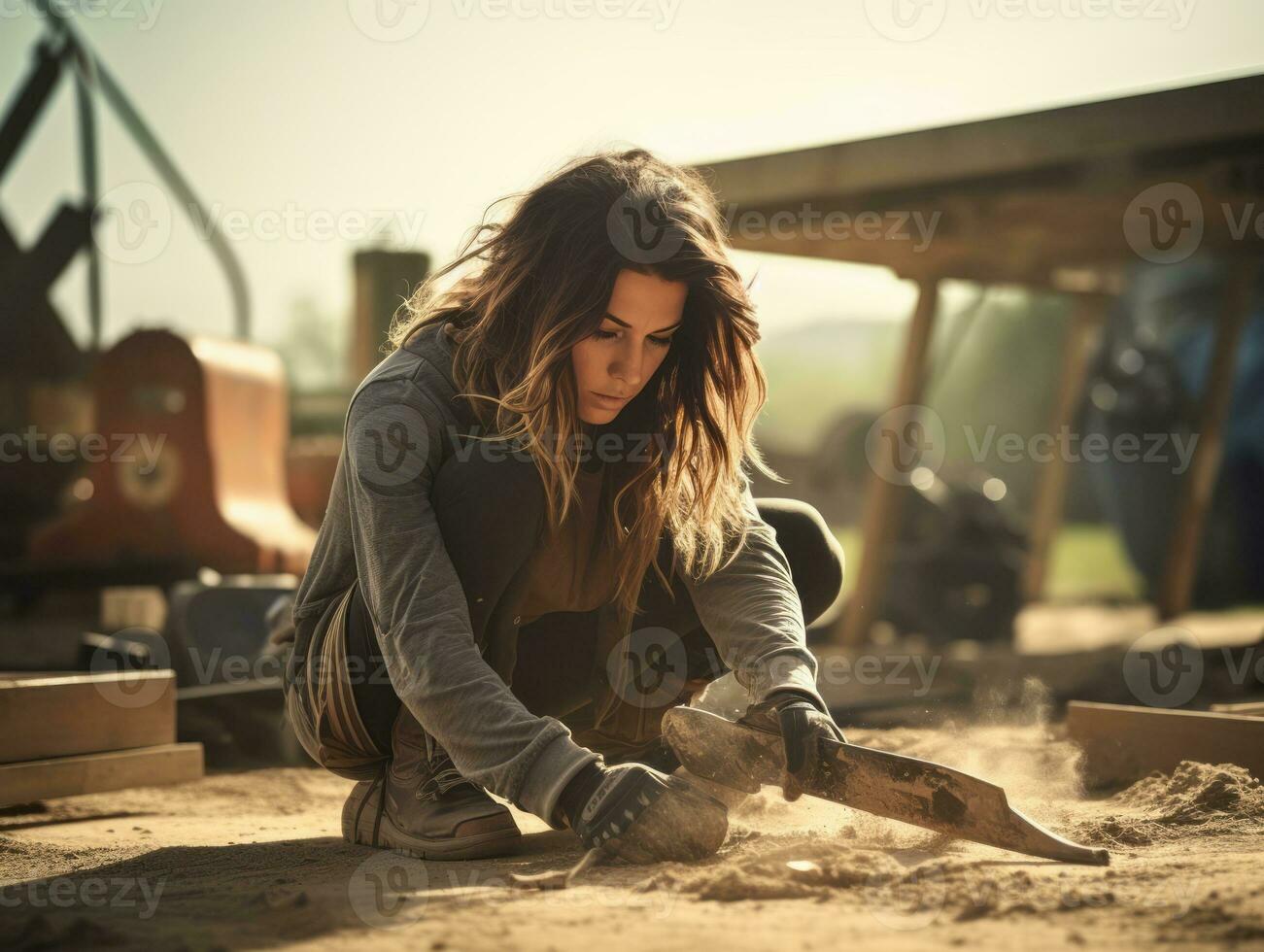 foto tiro di un' naturale donna Lavorando come un' costruzione lavoratore ai generativo