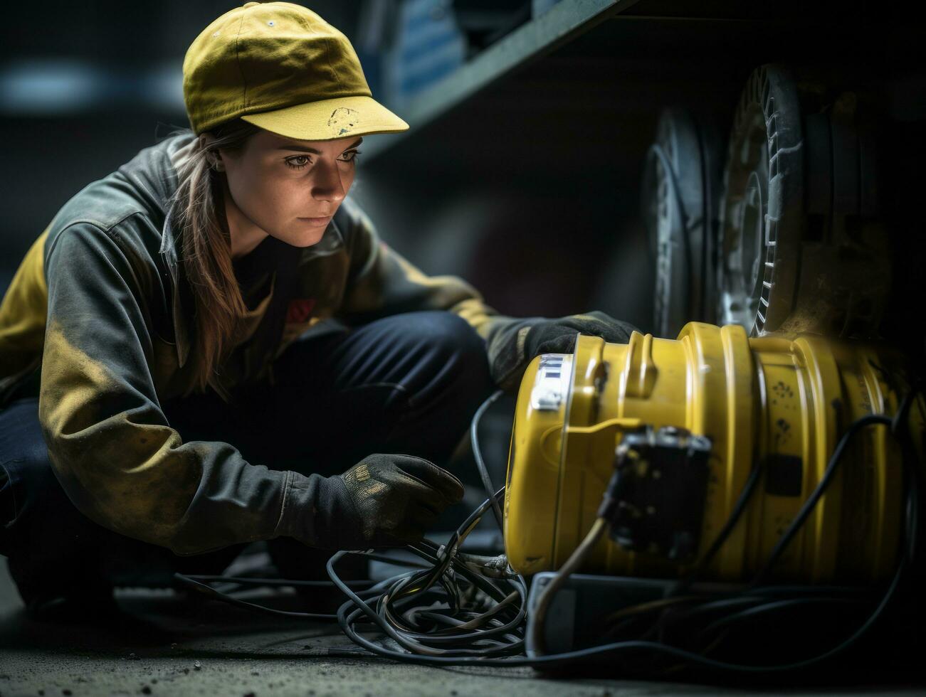 foto tiro di un' naturale donna Lavorando come un' costruzione lavoratore ai generativo