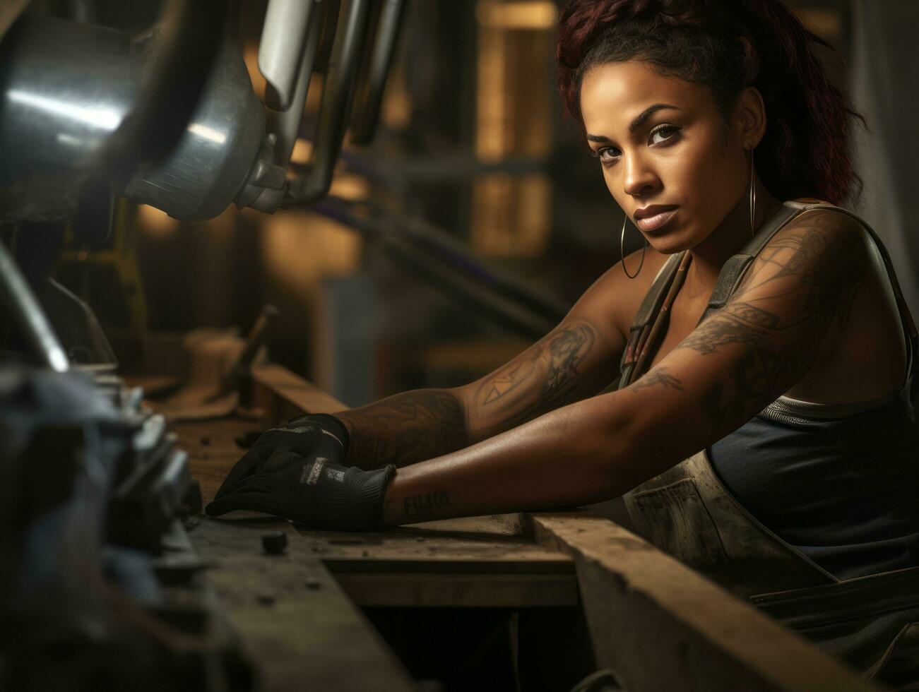 foto tiro di un' naturale donna Lavorando come un' costruzione lavoratore ai generativo