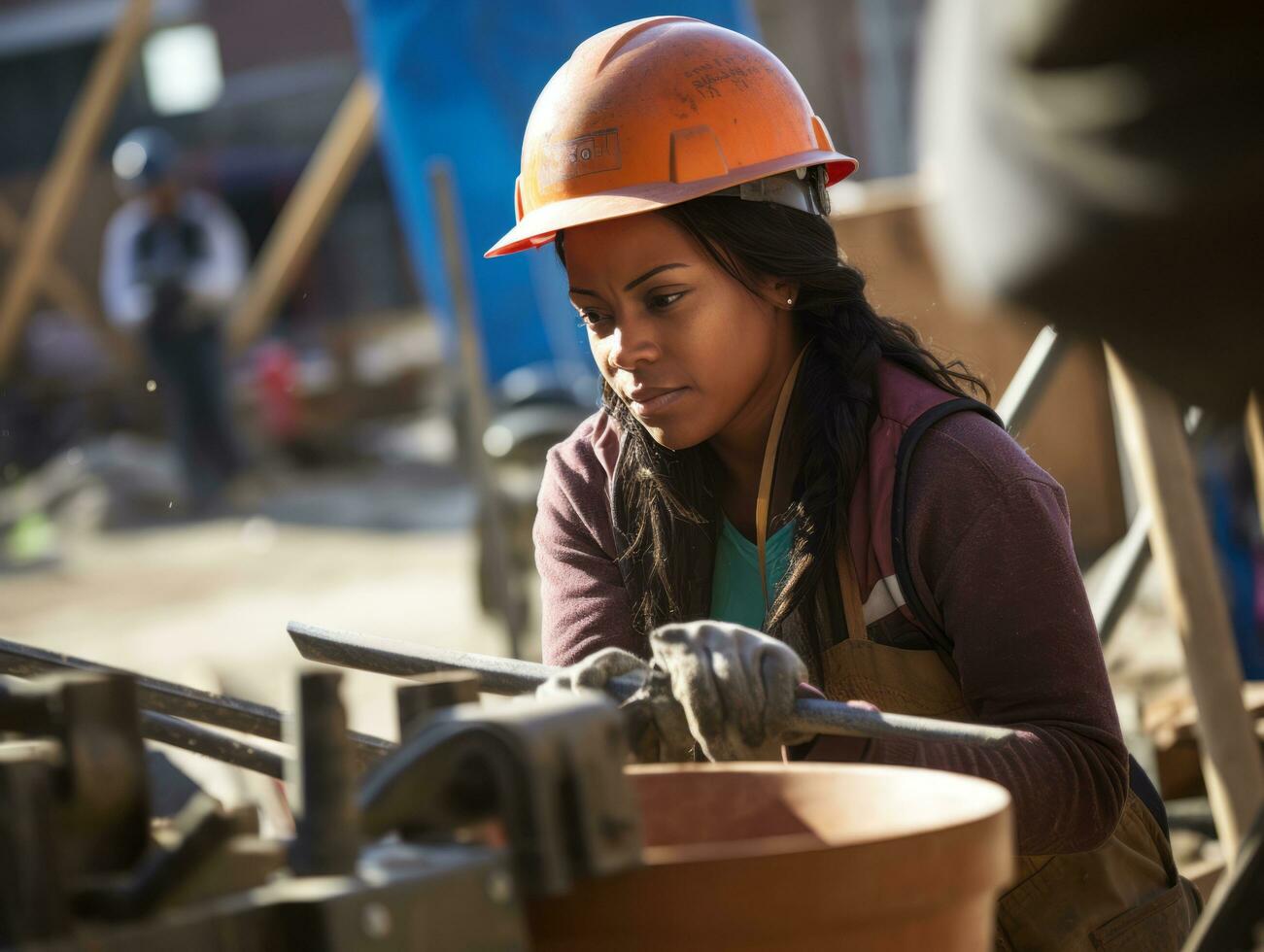 foto tiro di un' naturale donna Lavorando come un' costruzione lavoratore ai generativo