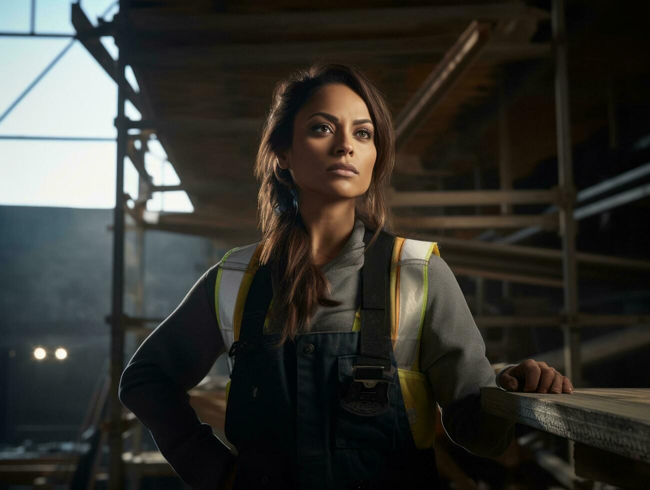 foto tiro di un' naturale donna Lavorando come un' costruzione lavoratore ai generativo