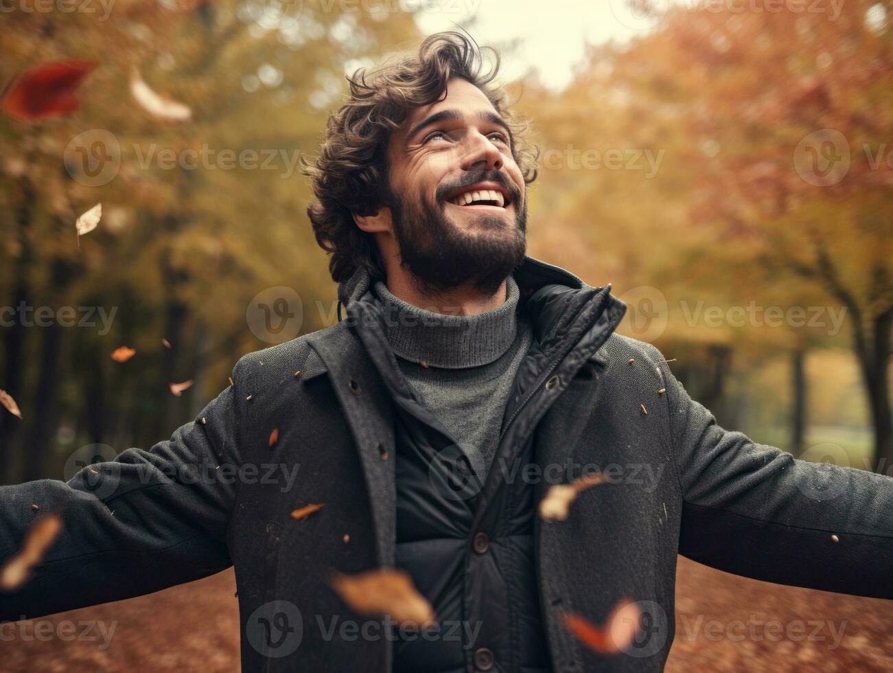 foto di emotivo dinamico posa brasiliano uomo nel autunno ai generativo