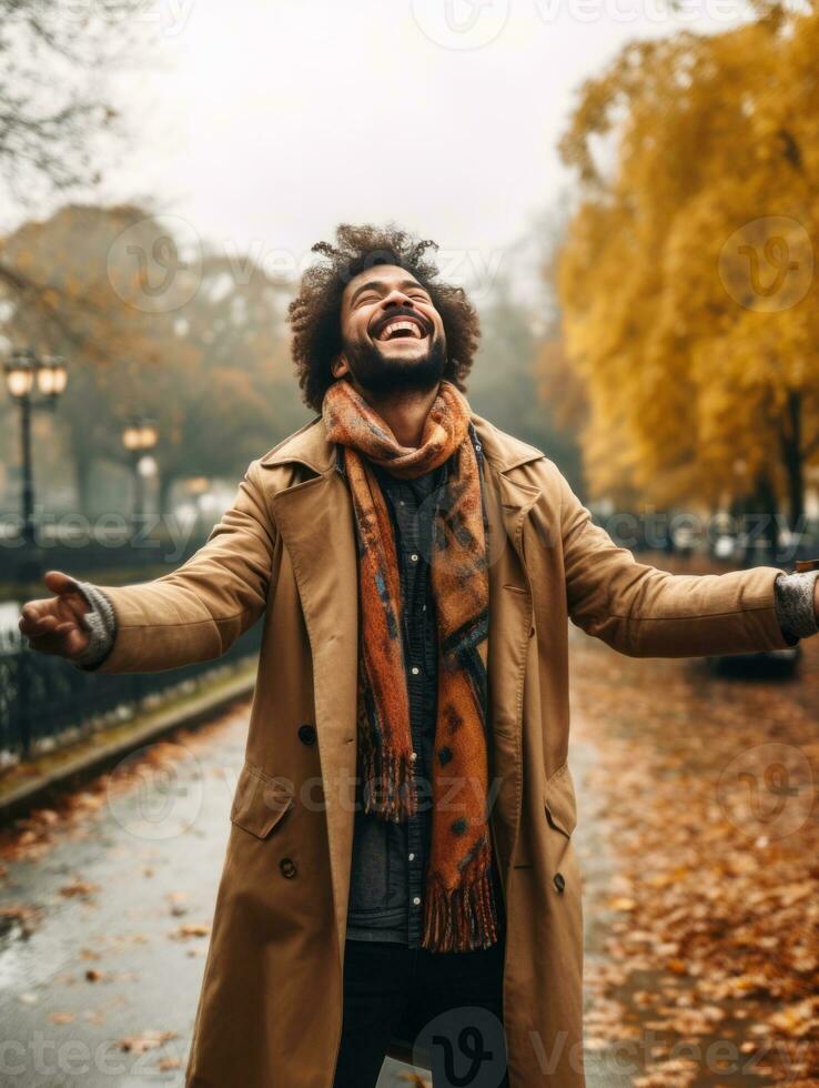 foto di emotivo dinamico posa brasiliano uomo nel autunno ai generativo