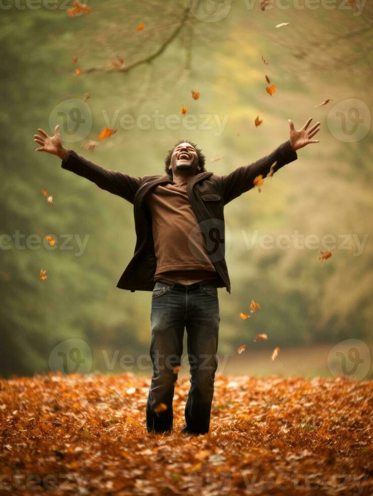 foto di emotivo dinamico posa brasiliano uomo nel autunno ai generativo