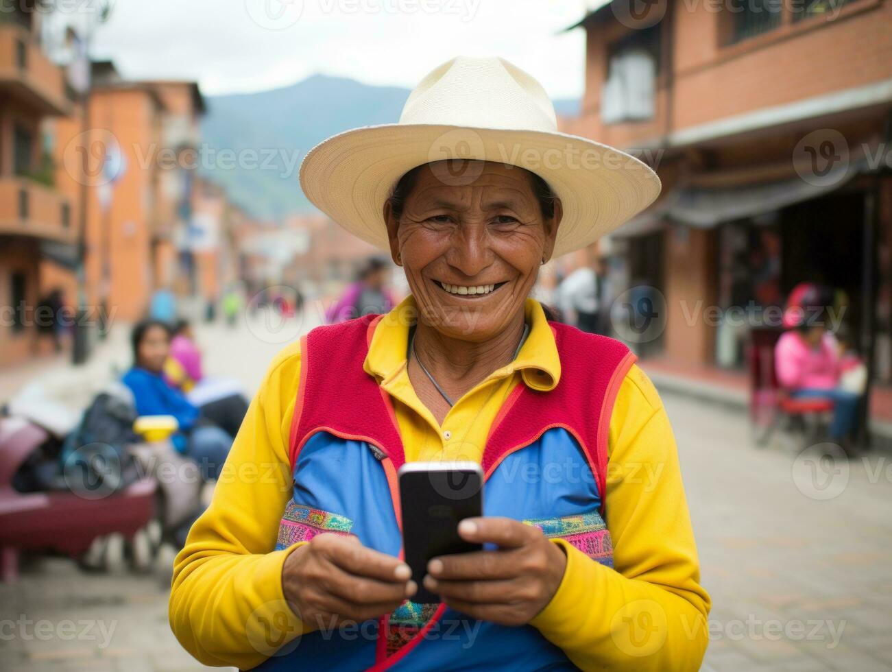 donna a partire dal Colombia utilizzando smartphone per in linea comunicazione ai generativo foto