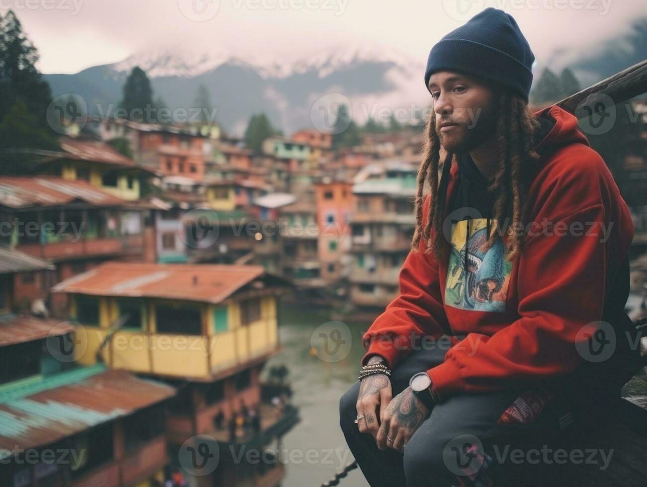 colombiano uomo Lavorando su un' il computer portatile nel un' vivace urbano ambientazione ai generativo foto