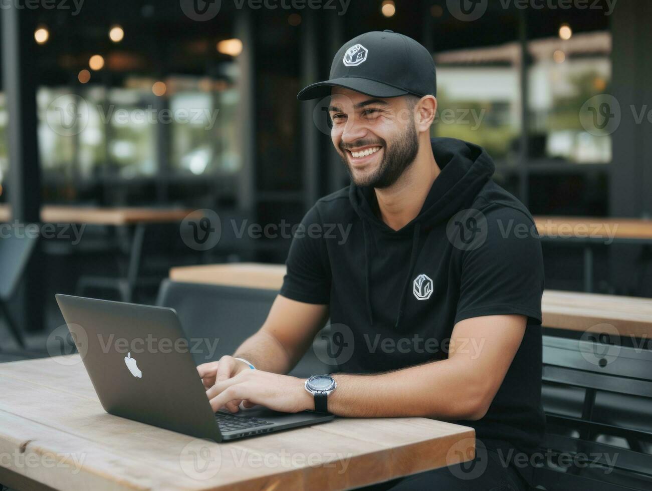 colombiano uomo Lavorando su un' il computer portatile nel un' vivace urbano ambientazione ai generativo foto