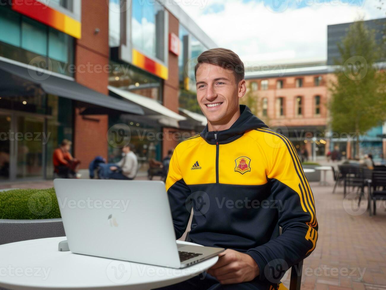 colombiano adolescente Lavorando su un' il computer portatile nel un' vivace urbano ambientazione ai generativo foto