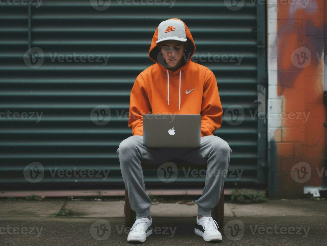 colombiano adolescente Lavorando su un' il computer portatile nel un' vivace urbano ambientazione ai generativo foto