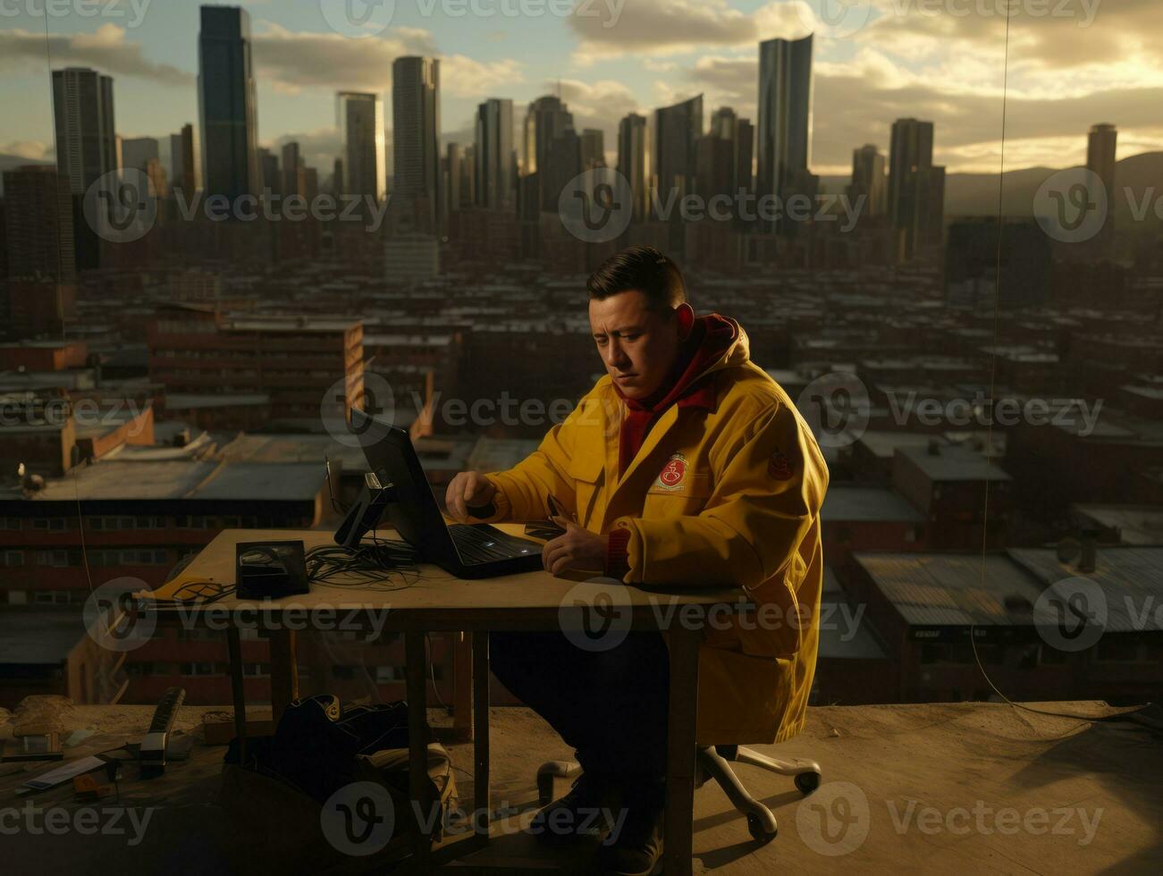 colombiano adolescente Lavorando su un' il computer portatile nel un' vivace urbano ambientazione ai generativo foto