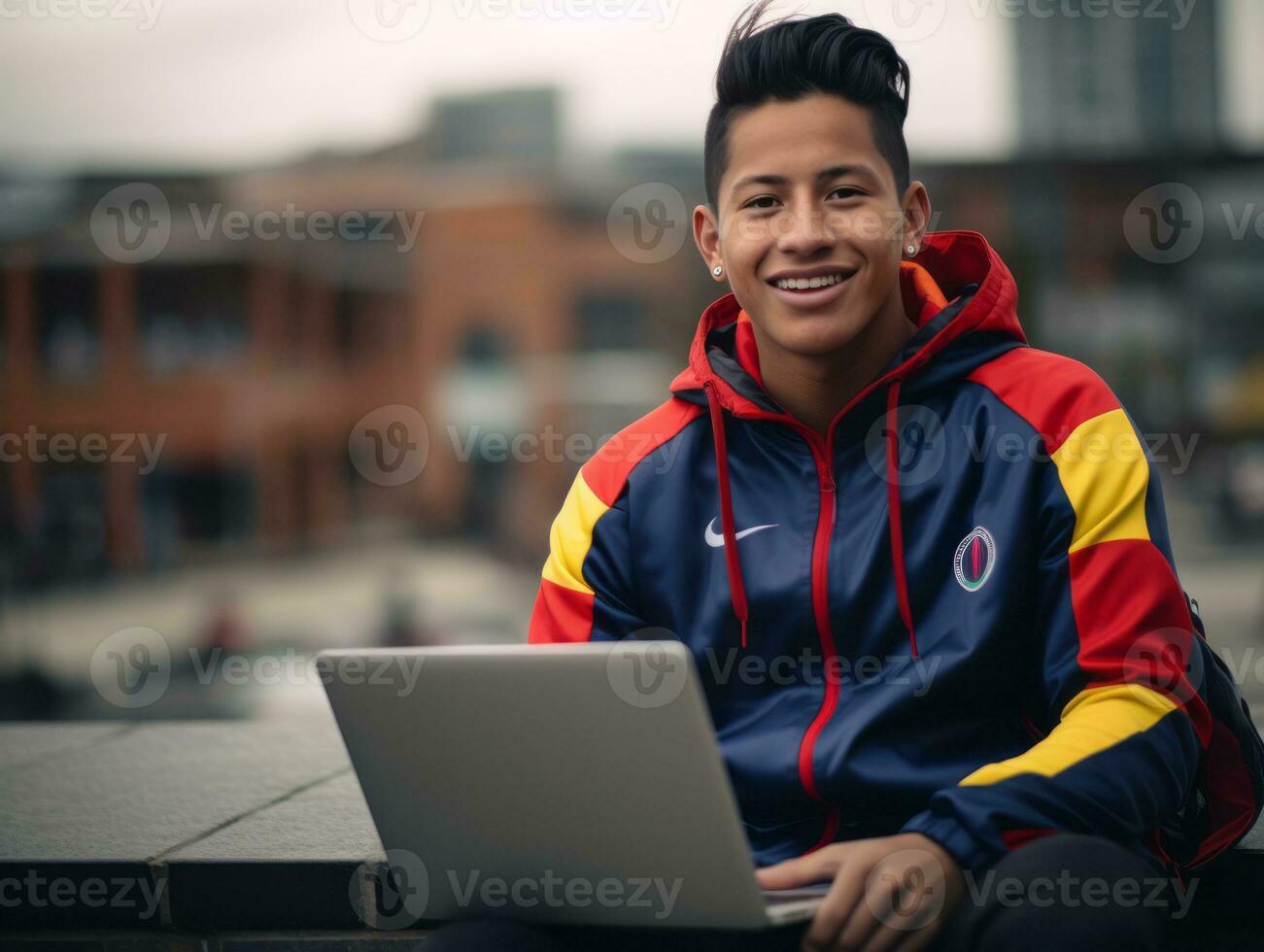 colombiano adolescente Lavorando su un' il computer portatile nel un' vivace urbano ambientazione ai generativo foto