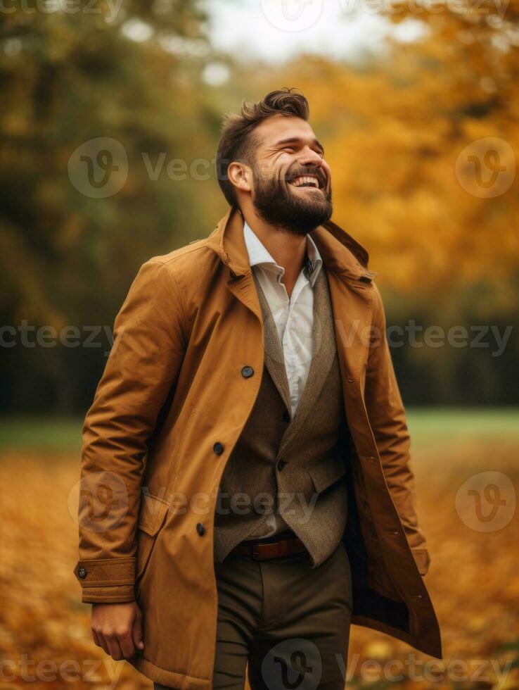 europeo uomo nel emotivo dinamico posa su autunno sfondo ai generativo foto
