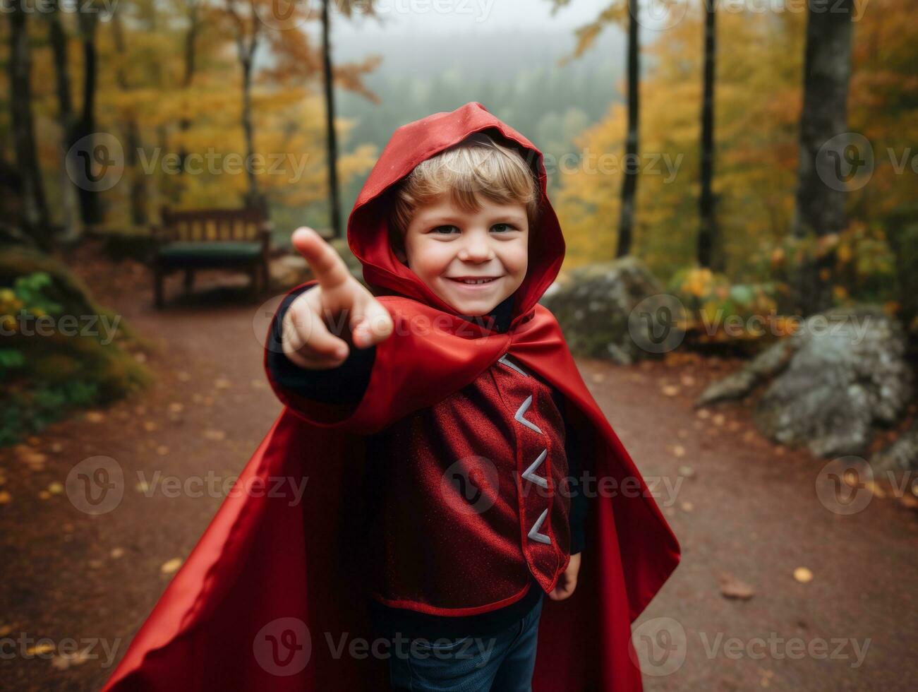 ragazzo nel un' Halloween costume con un' giocoso posa ai generativo foto