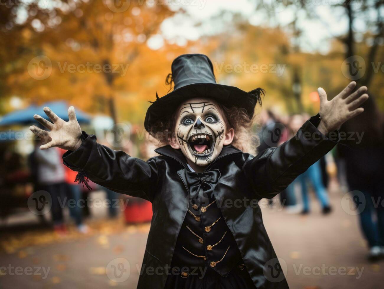 ragazzo nel un' Halloween costume con un' giocoso posa ai generativo foto