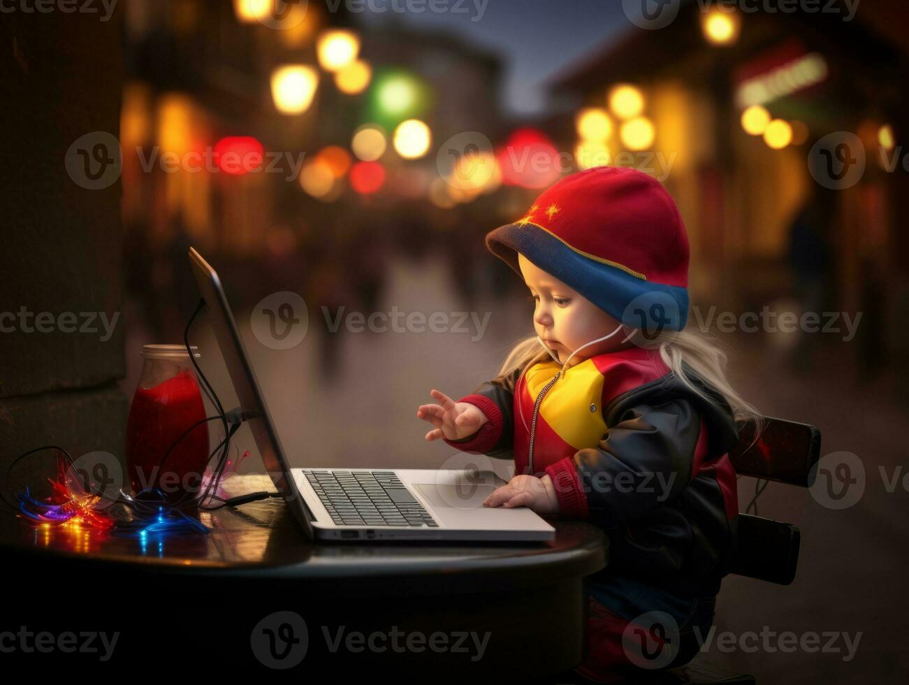 colombiano ragazzo Lavorando su un' il computer portatile nel un' vivace urbano ambientazione ai generativo foto