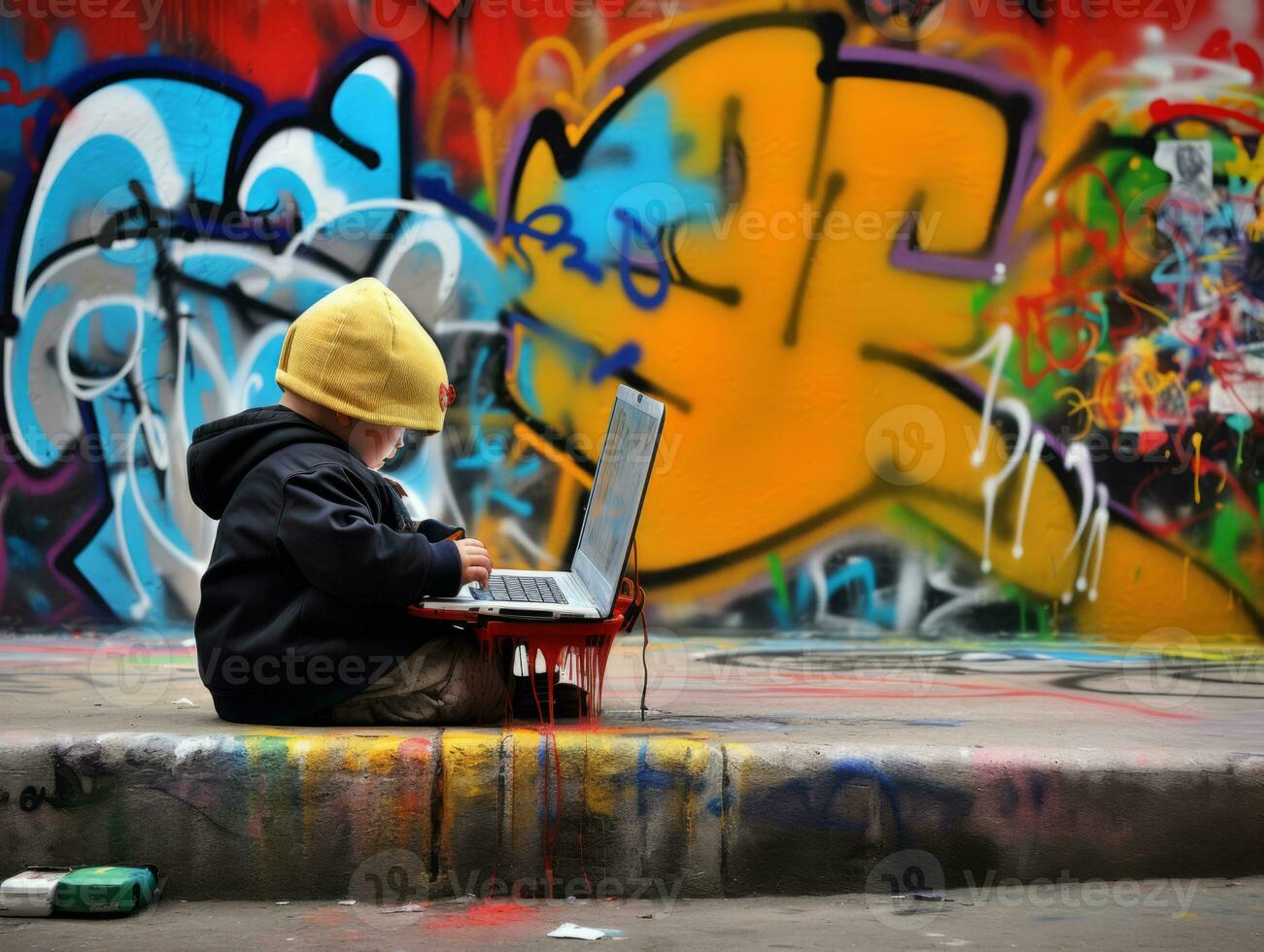 colombiano ragazzo Lavorando su un' il computer portatile nel un' vivace urbano ambientazione ai generativo foto