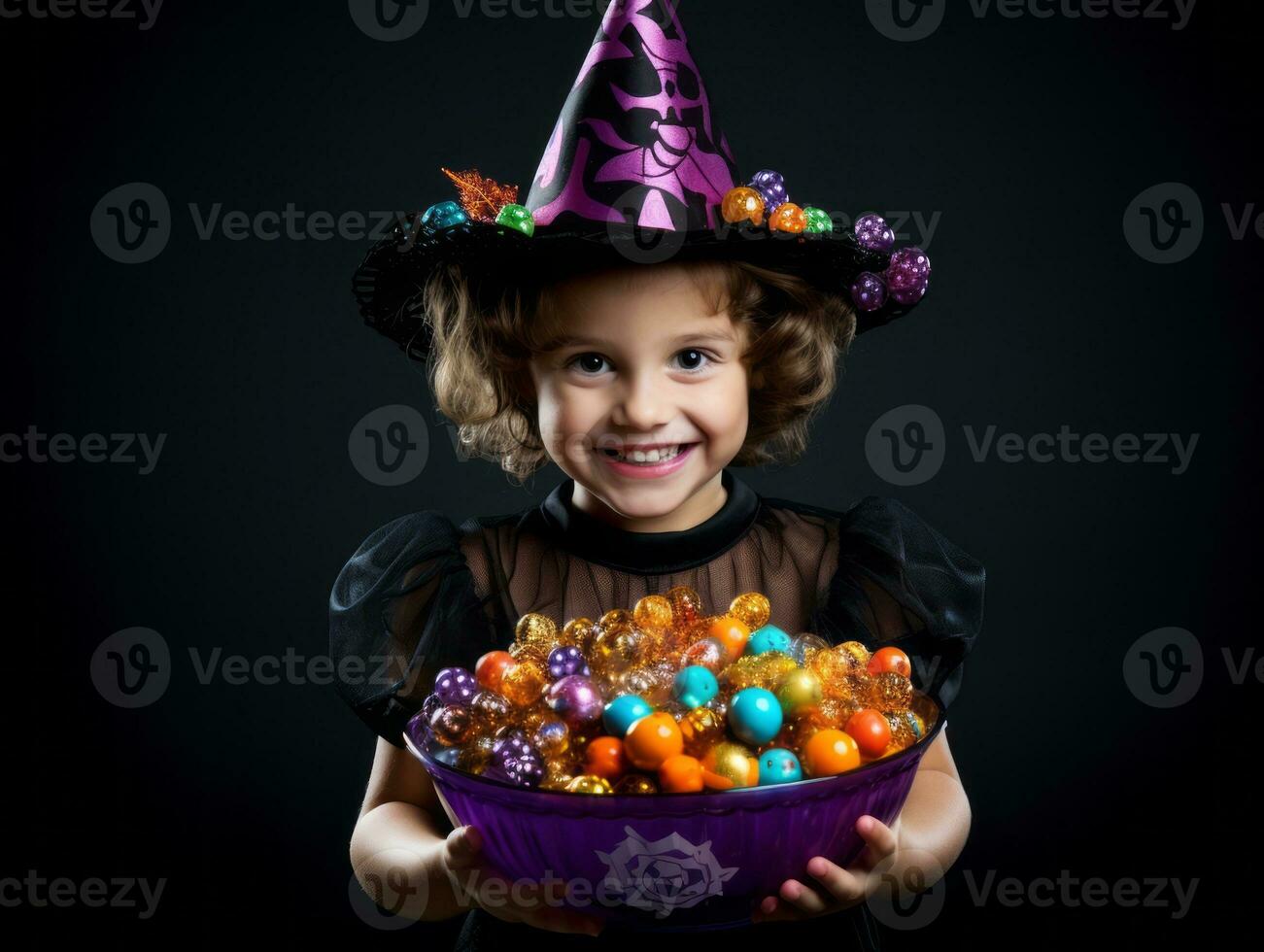 ragazzo nel Halloween costume Tenere un' ciotola di caramella con malizioso sorriso ai generativo foto