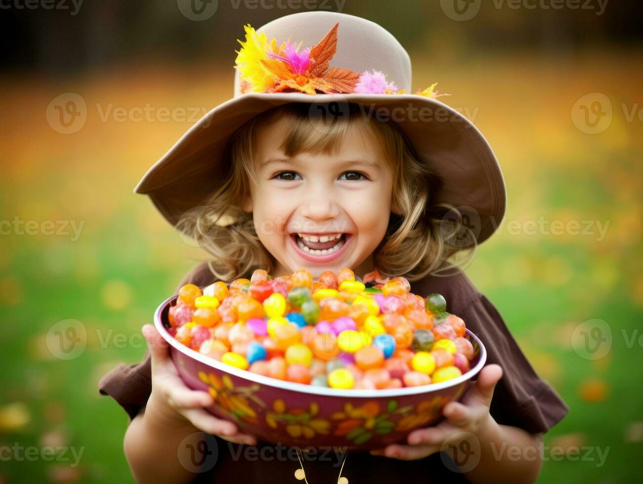 ragazzo nel Halloween costume Tenere un' ciotola di caramella con malizioso sorriso ai generativo foto