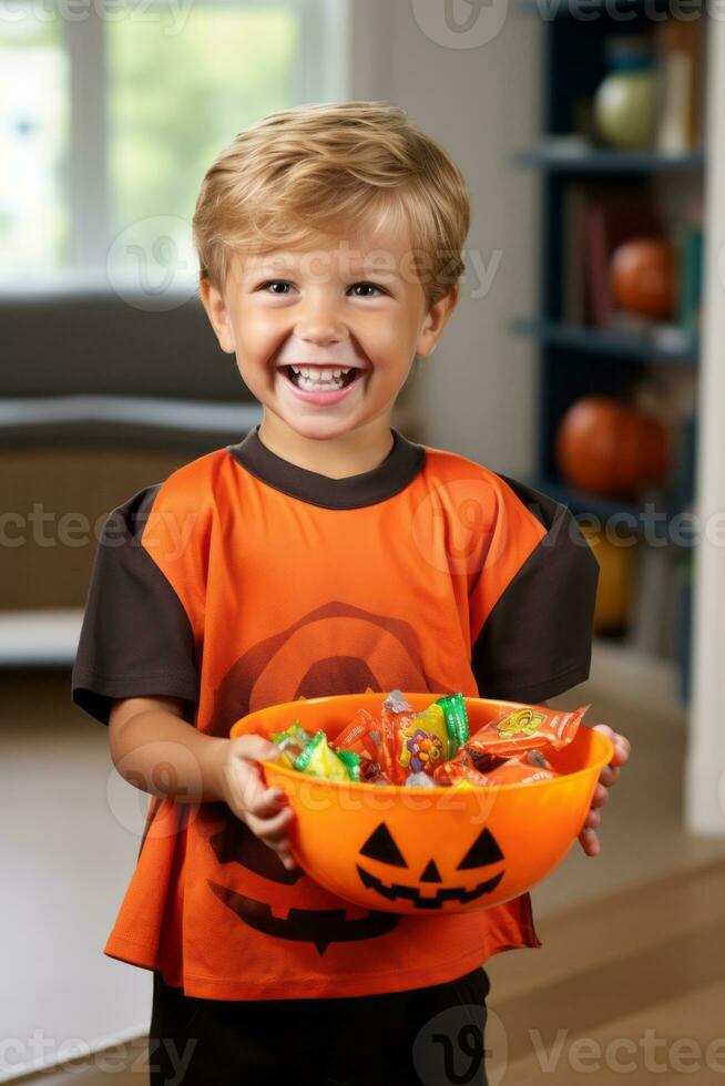 ragazzo nel Halloween costume Tenere un' ciotola di caramella con malizioso sorriso ai generativo foto