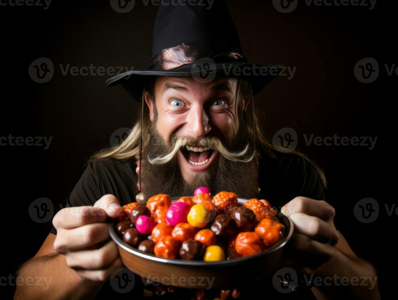 uomo nel Halloween costume Tenere un' ciotola di caramella con malizioso sorriso ai generativo foto