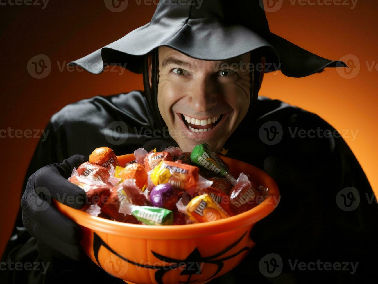 uomo nel Halloween costume Tenere un' ciotola di caramella con malizioso sorriso ai generativo foto