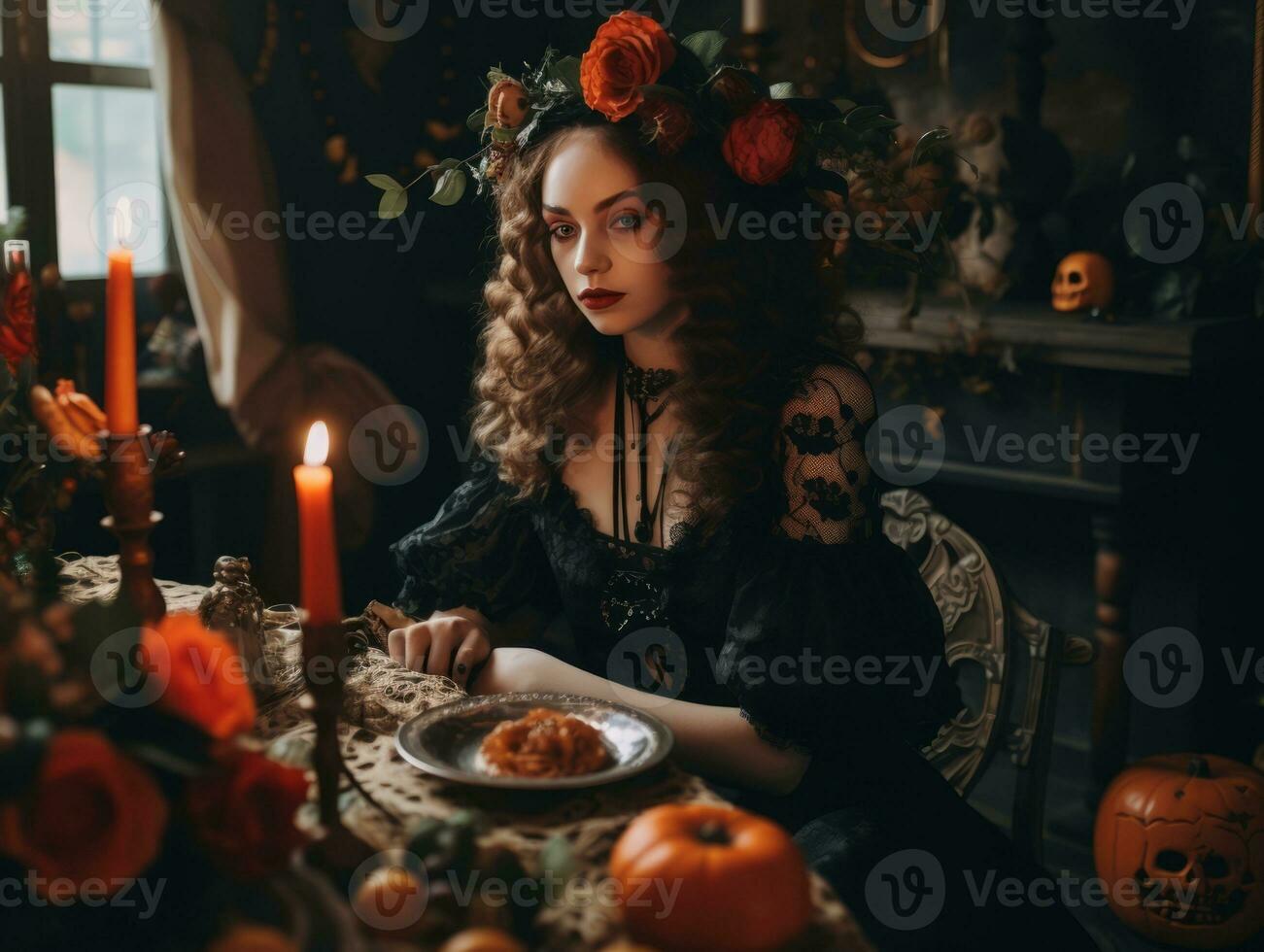 donna vestito come un' strega per Halloween ai generativo foto