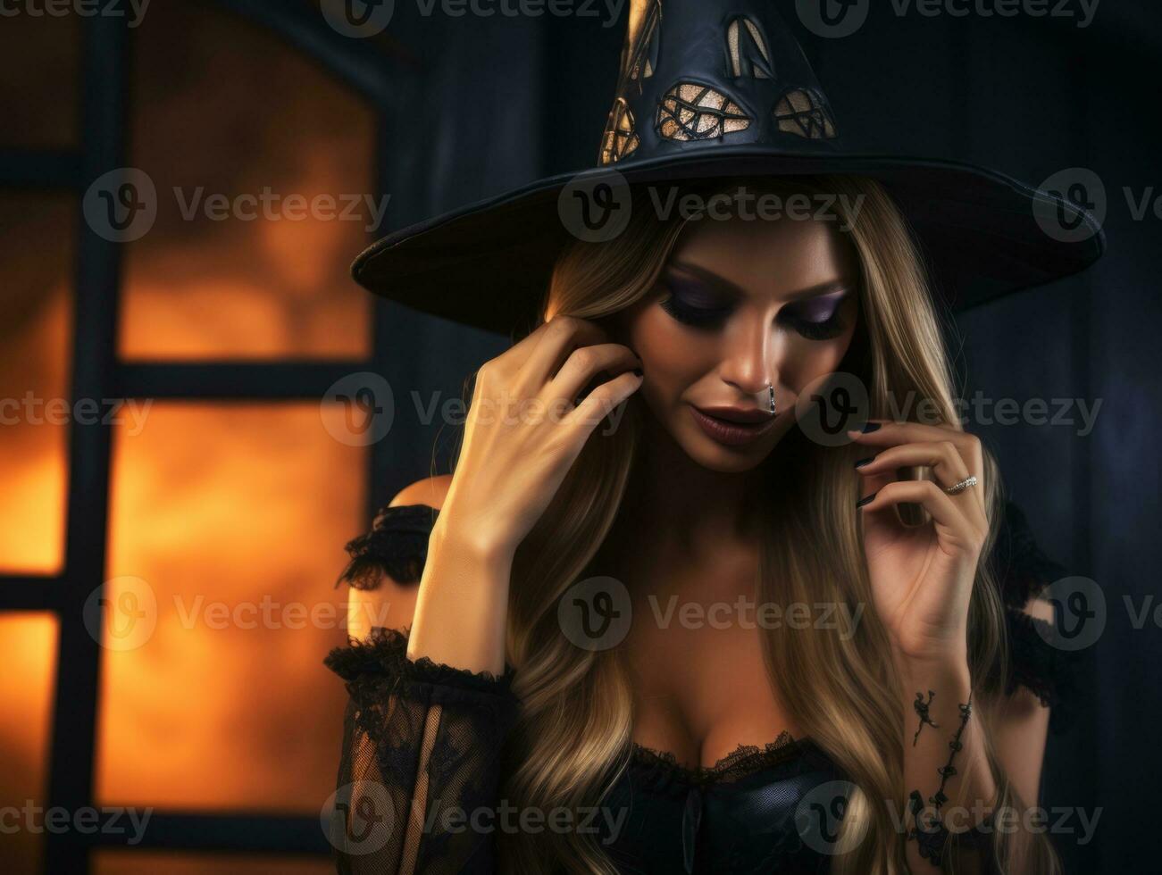 donna vestito come un' strega per Halloween ai generativo foto