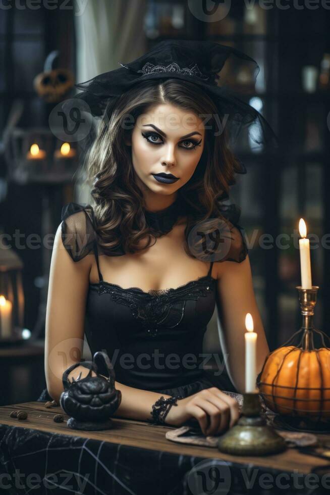 donna vestito come un' strega per Halloween ai generativo foto