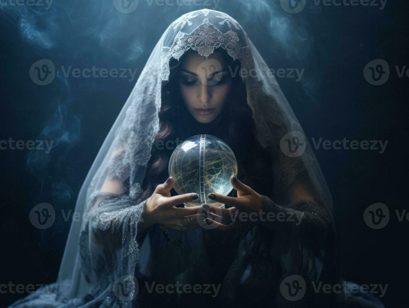 donna telling a partire dal un' cristallo palla vestito come un' misterioso fortuna cassiere ai generativo foto
