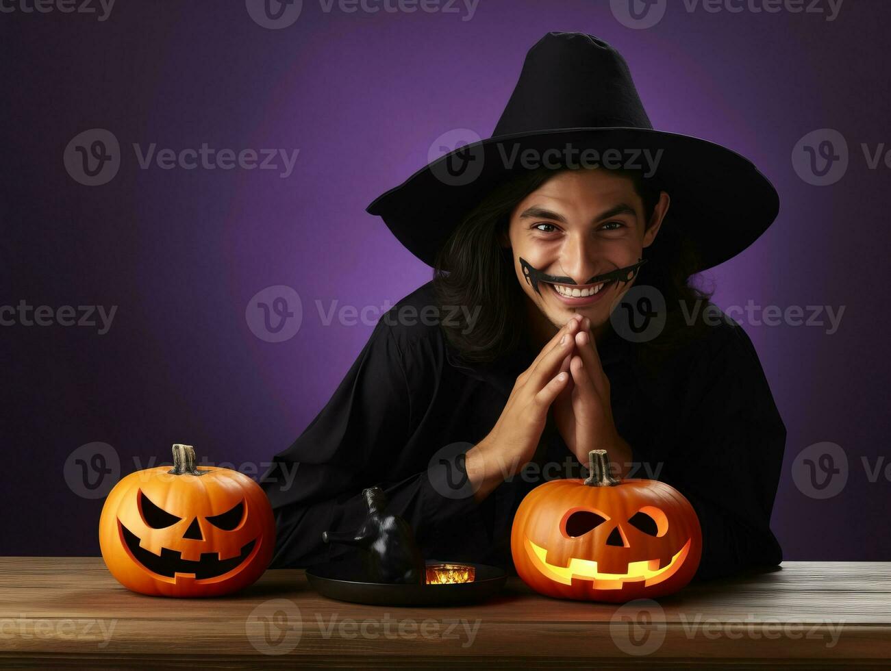 uomo nel un' Halloween costume con un' giocoso posa ai generativo foto