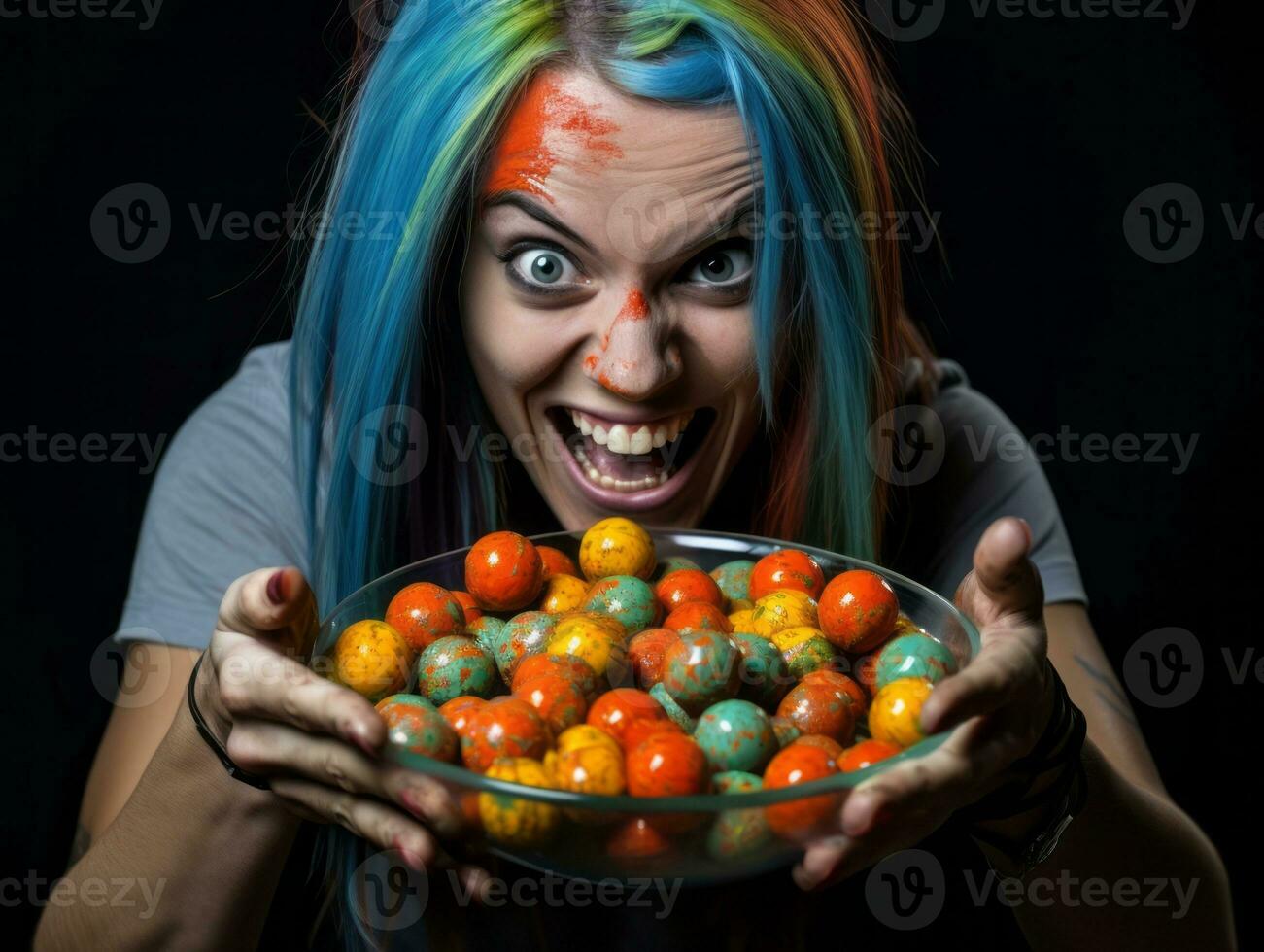 donna nel un' Halloween costume Tenere un' ciotola di caramella con malizioso sorriso ai generativo foto