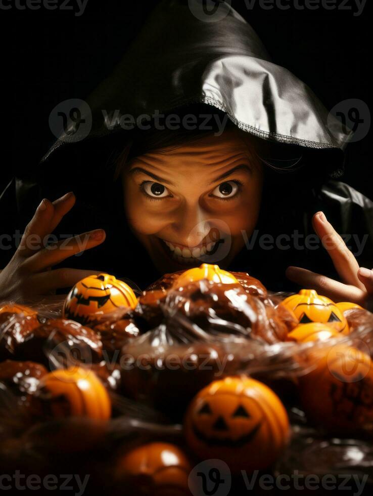 donna nel un' Halloween costume Tenere un' ciotola di caramella con malizioso sorriso ai generativo foto