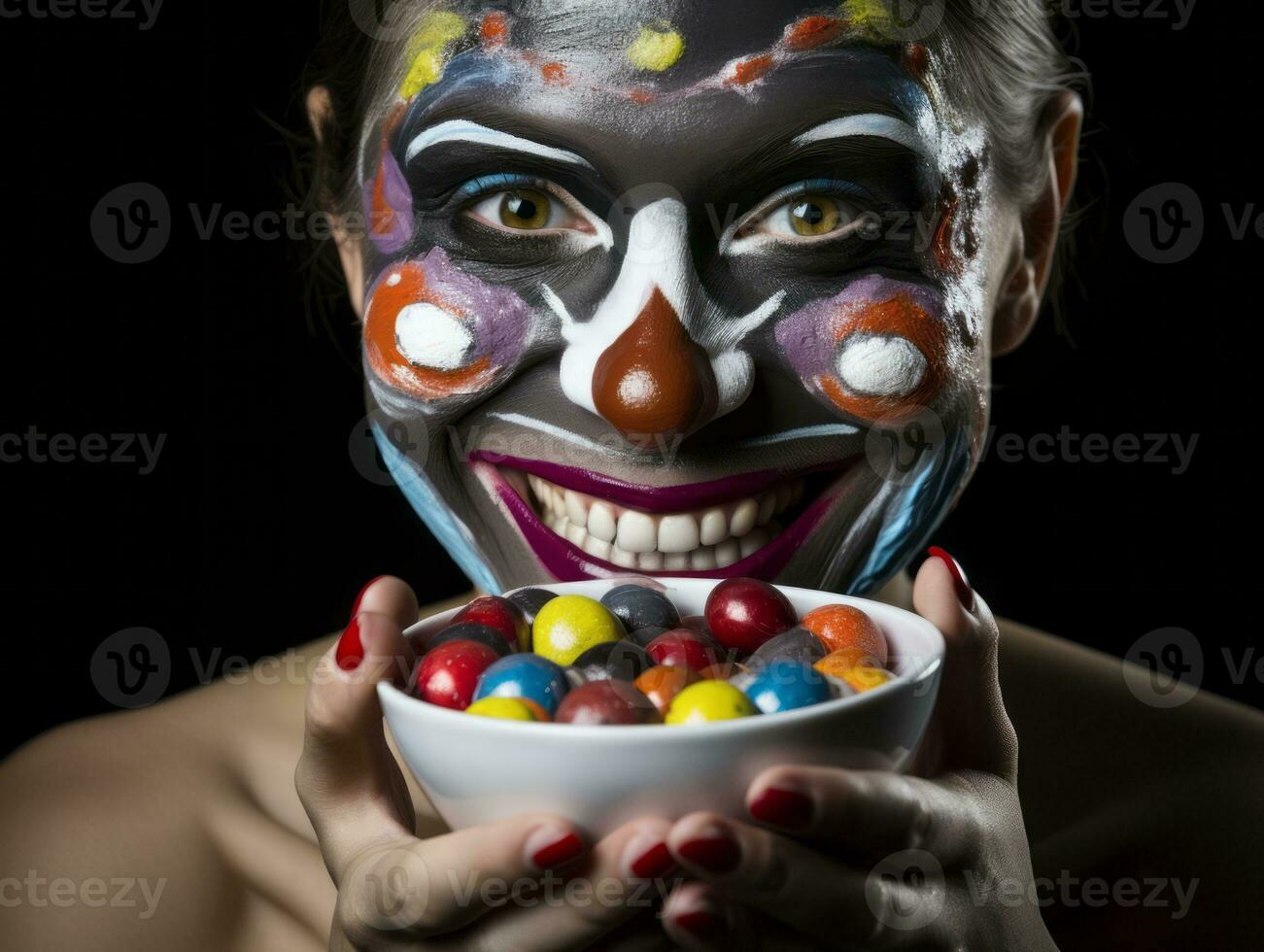 donna nel un' Halloween costume Tenere un' ciotola di caramella con malizioso sorriso ai generativo foto