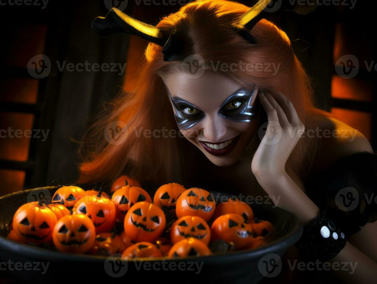 donna nel un' Halloween costume Tenere un' ciotola di caramella con malizioso sorriso ai generativo foto