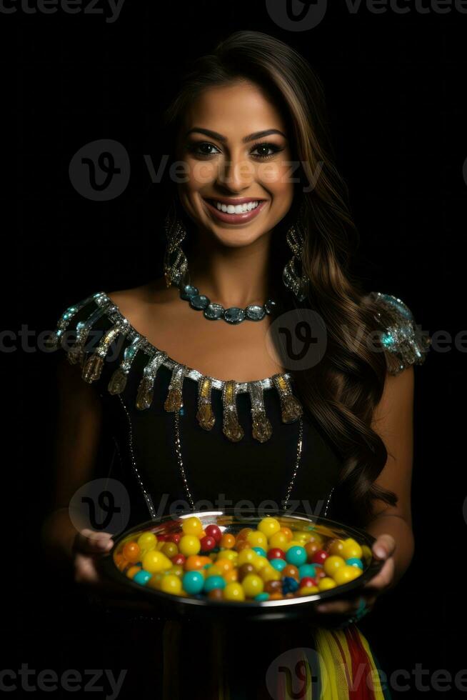 donna nel un' Halloween costume Tenere un' ciotola di caramella con malizioso sorriso ai generativo foto