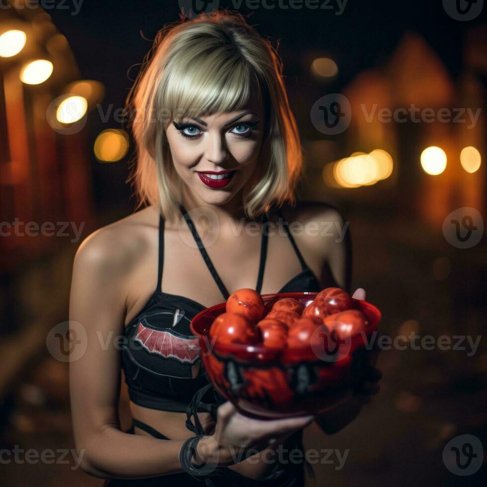 donna nel un' Halloween costume Tenere un' ciotola di caramella con malizioso sorriso ai generativo foto