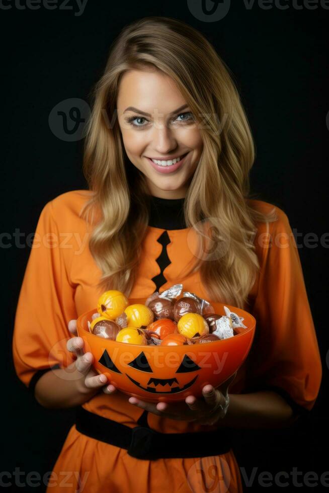 donna nel un' Halloween costume Tenere un' ciotola di caramella con malizioso sorriso ai generativo foto