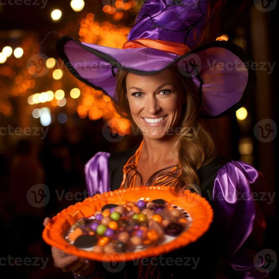 donna nel un' Halloween costume Tenere un' ciotola di caramella con malizioso sorriso ai generativo foto