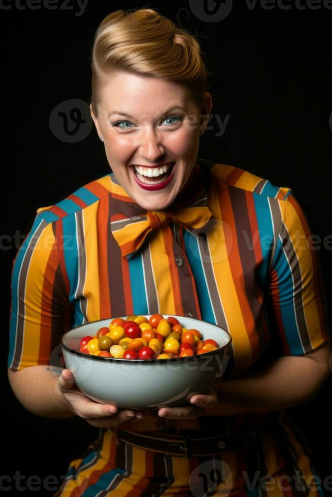 donna nel un' Halloween costume Tenere un' ciotola di caramella con malizioso sorriso ai generativo foto