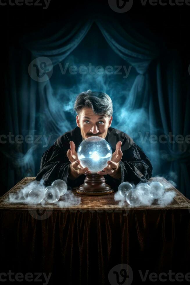 uomo telling a partire dal un' cristallo palla vestito come un' misterioso fortuna cassiere ai generativo foto
