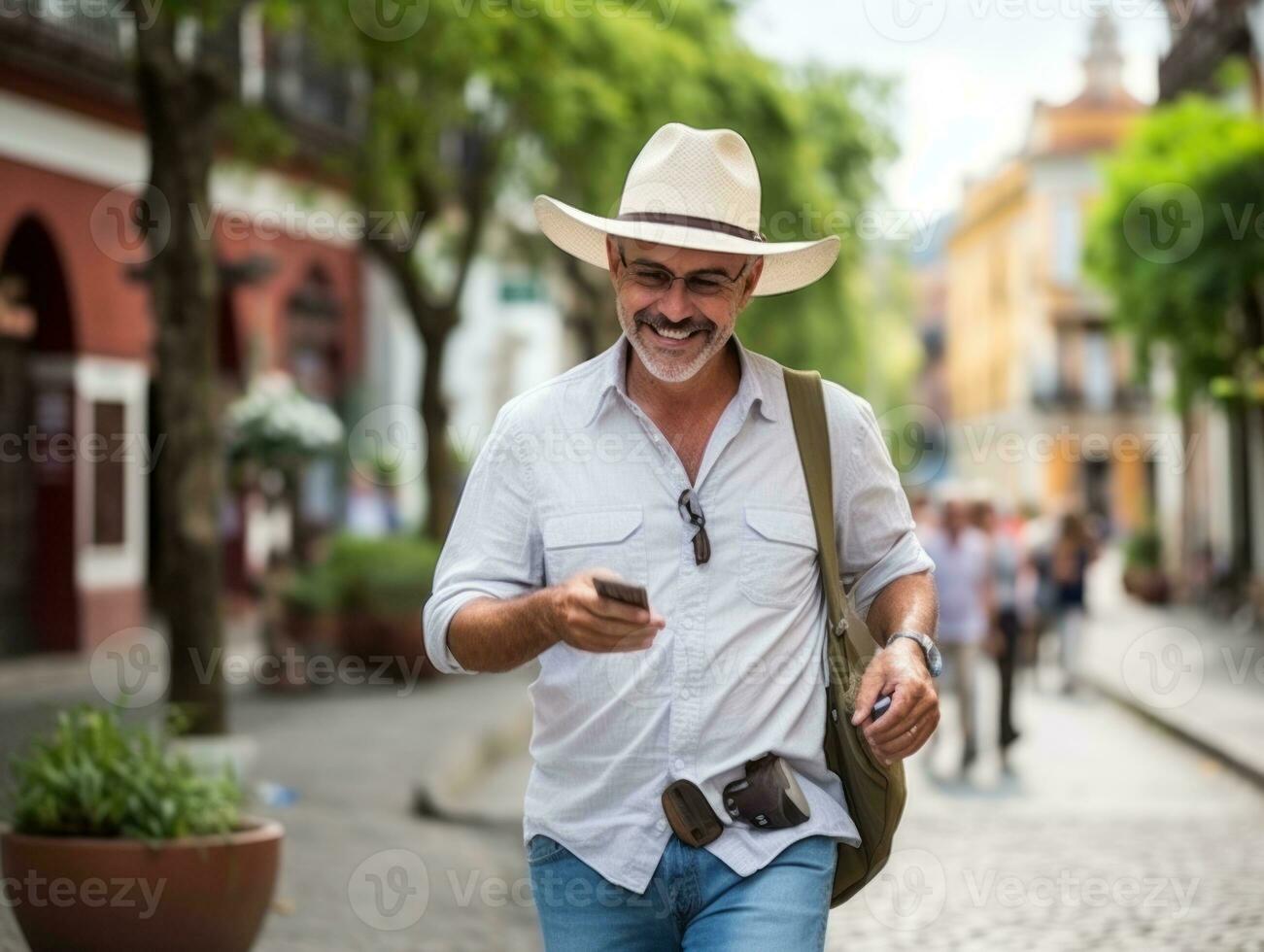 uomo a partire dal Colombia utilizzando smartphone per in linea comunicazione ai generativo foto