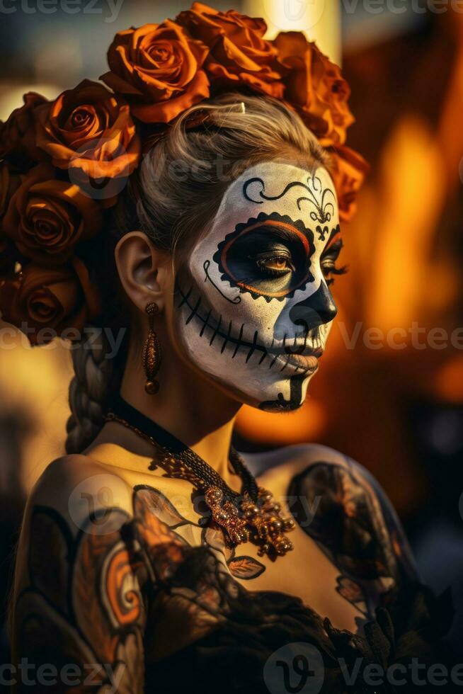 donna nel vivace Calavera trucco celebra il giorno di morto ai generativo foto