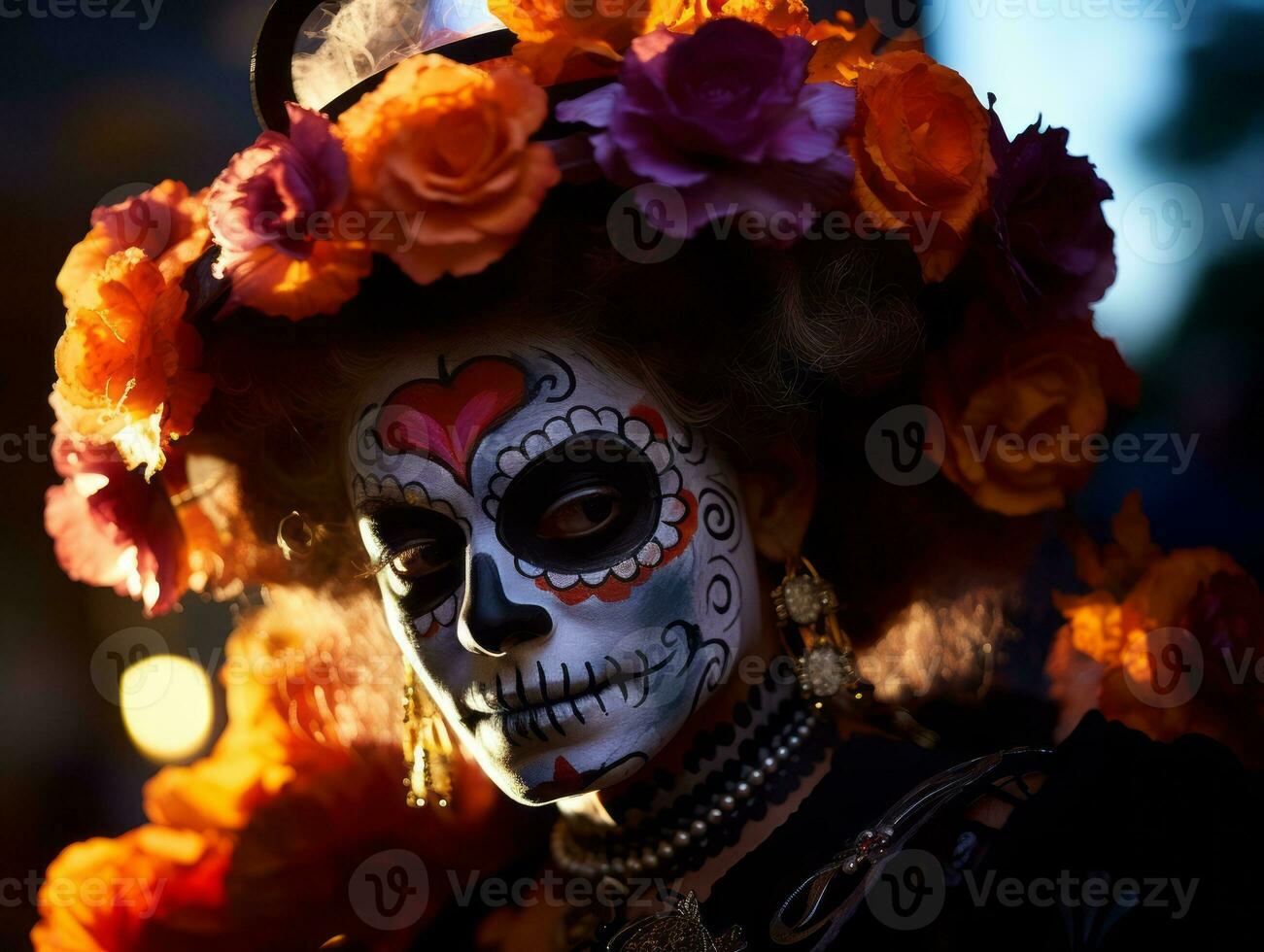 donna nel vivace Calavera trucco celebra il giorno di morto ai generativo foto