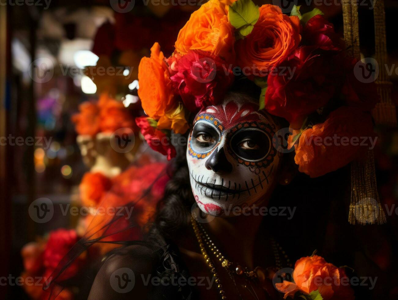 donna nel vivace Calavera trucco celebra il giorno di morto ai generativo foto